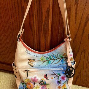 Anuschka Hand Painted Shoulder Bag with Flowers and Butterflies
